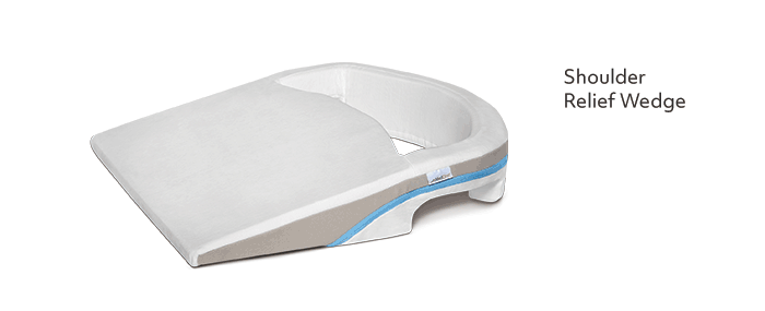 GIF showing the MedCline pressure-free system: wedge with arm pocket, insert pillow and body pillow