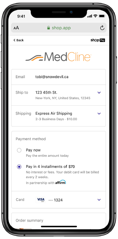 Smartphone screen displaying the MedCline checkout page with Shop Pay installment payment options.