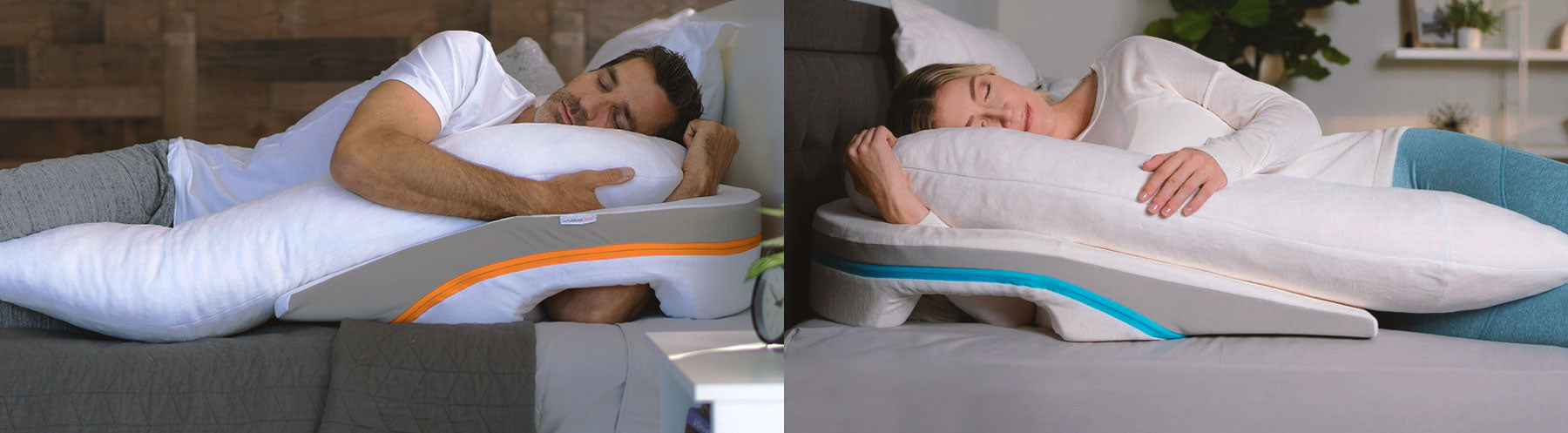 Two side-by-side images of a man and a woman sleeping on a therapeutic body pillow with wedge pillow