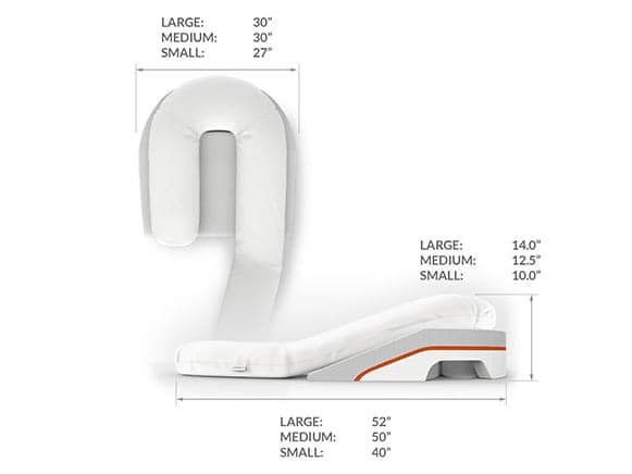 MedCline system dimensions chart showing length, height, and width for small, medium, and large sizes